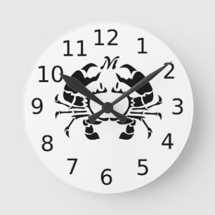 Crab Monogram in a Black Stencil Style Round Clock