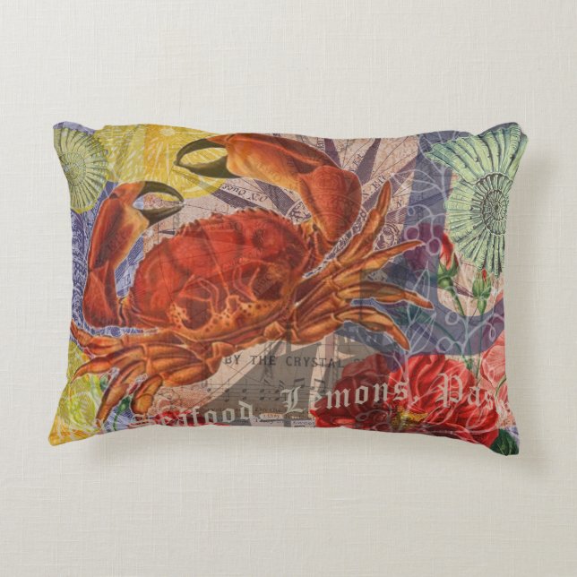 Crab Nautical Beach Seafood Art Accent Pillow (Back)