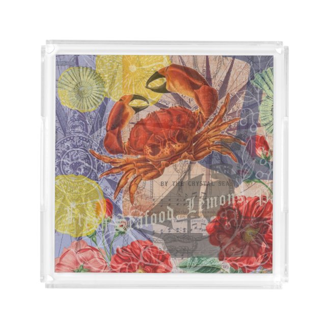 Crab Nautical Beach Seafood Art Acrylic Tray (Front)