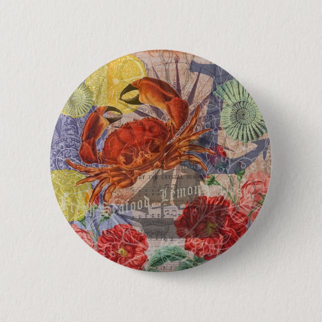 Crab Nautical Beach Seafood Art Button (Front)