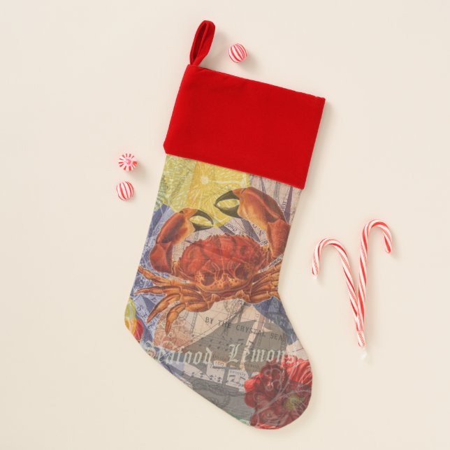 Crab Nautical Beach Seafood Art Christmas Stocking (Front)