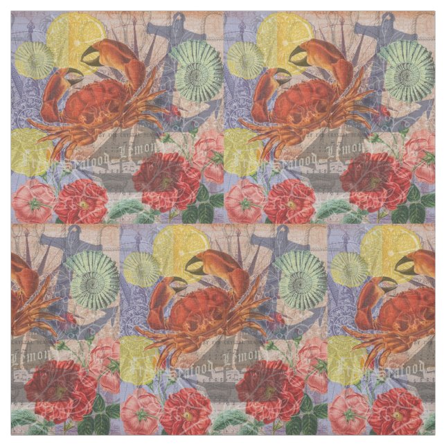 Crab Nautical Beach Seafood Art Fabric (Swatch)