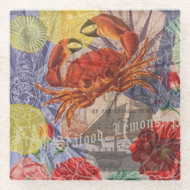Crab Nautical Beach Seafood Art Glass Coaster (Front)