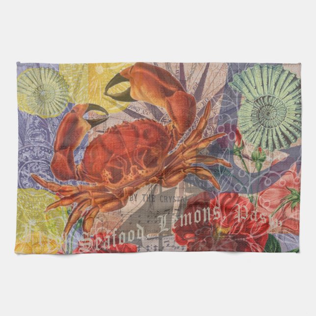 Crab Nautical Beach Seafood Art Kitchen Towel (Horizontal)