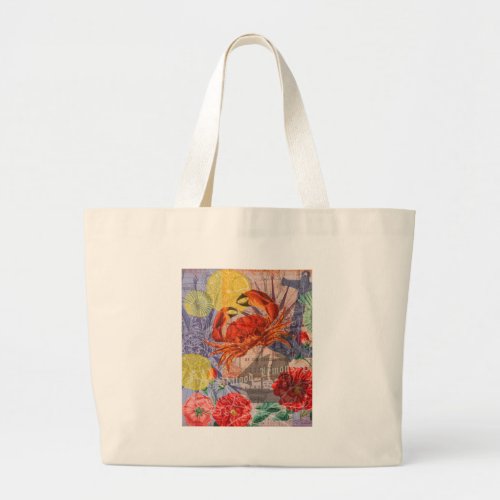 Crab Nautical Beach Seafood Art Large Tote Bag