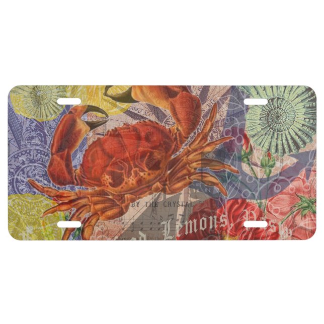 Crab Nautical Beach Seafood Art License Plate (Front)