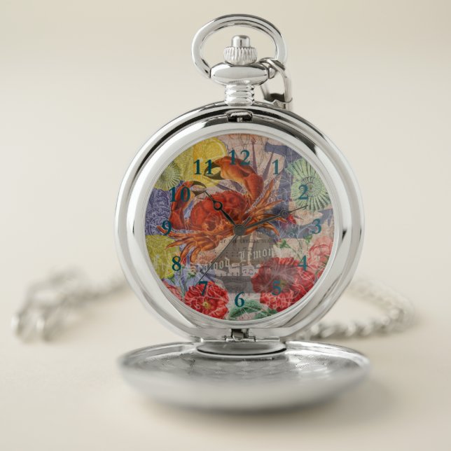 Crab Nautical Beach Seafood Art Pocket Watch (Inside)