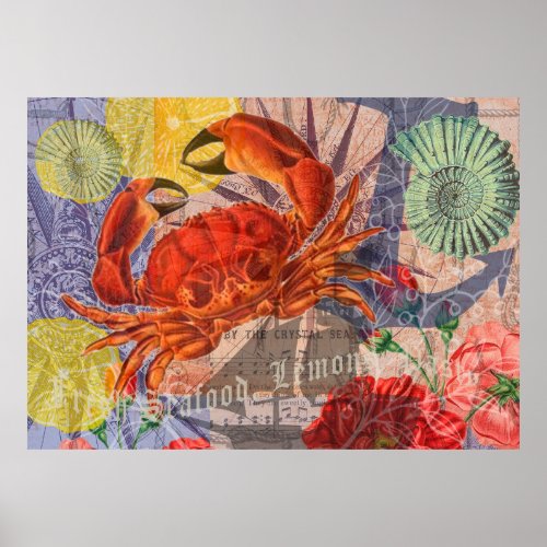 Crab Nautical Beach Seafood Art Poster