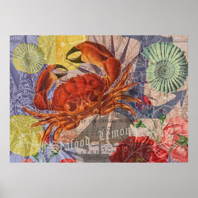 Crab Nautical Beach Seafood Art Poster (Front)
