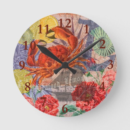 Crab Nautical Beach Seafood Art Round Clock