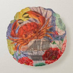 Crab Nautical Beach Seafood Art Round Pillow