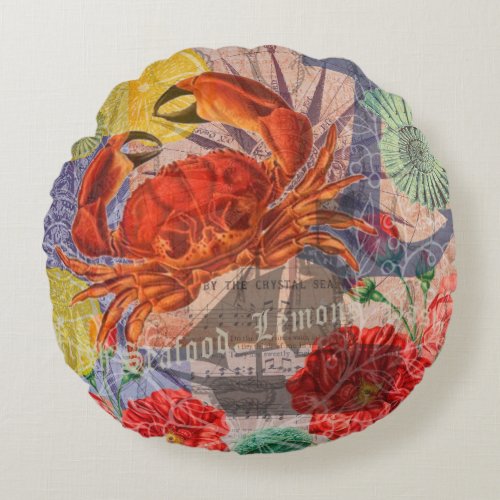 Crab Nautical Beach Seafood Art Round Pillow