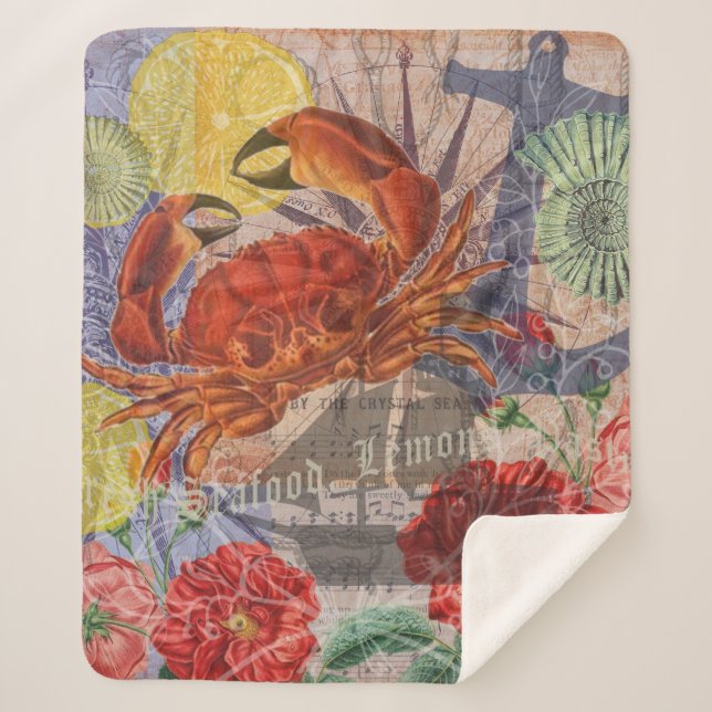 Crab Nautical Beach Seafood Art Sherpa Blanket (Front)