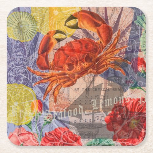 Crab Nautical Beach Seafood Art Square Paper Coaster