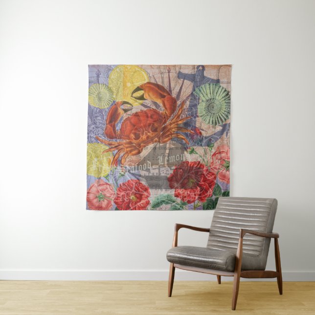 Crab Nautical Beach Seafood Art Tapestry (In Situ)