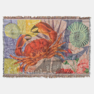 Crab Nautical Beach Seafood Art Throw Blanket