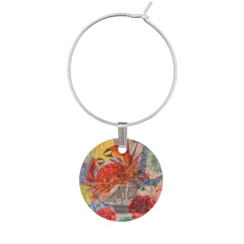 Crab Nautical Beach Seafood Art Wine Charm