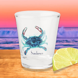 Crab Nautical Blue Teal Turquoise Aqua Can Cooler Shot Glass