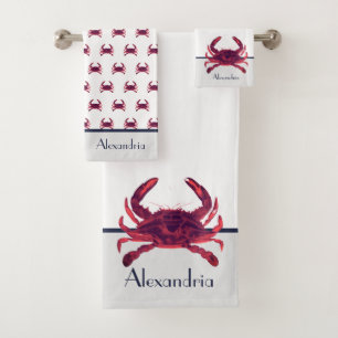Crab Nautical Burgundy Maroon Red and Gray Bath To Bath Towel Set