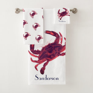 Crab Nautical Burgundy Maroon Red Bath Towel Set