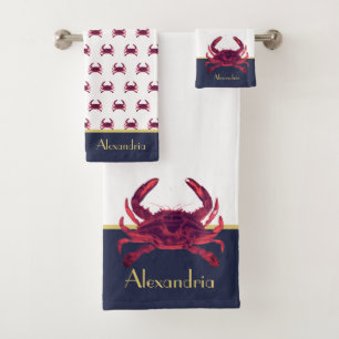 Crab Nautical Burgundy Maroon Red Gold Navy Blue   Bath Towel Set