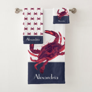 Crab Nautical Burgundy Maroon Red Gray Navy Blue Bath Towel Set