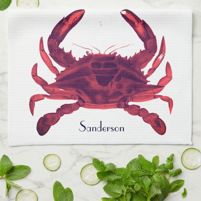 Crab Nautical Burgundy Maroon Red  Kitchen Towel (Folded)