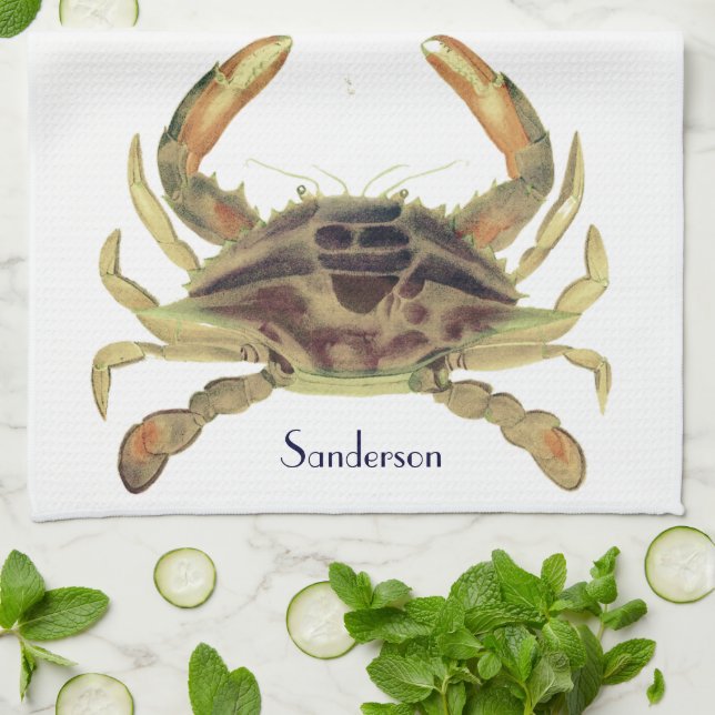 Crab Nautical Coastal Tan Khaki Sandy  Kitchen Towel (Folded)