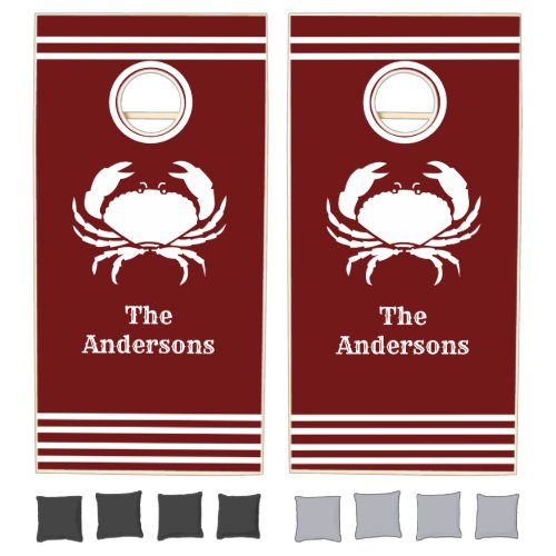 Crab Nautical Coastal White Maroon Rust Red Cornhole Set