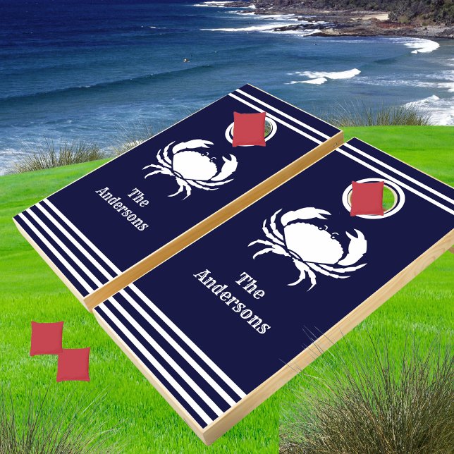 Crab Nautical Coastal White Navy Blue Cornhole Set (Creator Uploaded)