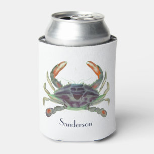 Crab Nautical Gray Blue and Green Can Cooler