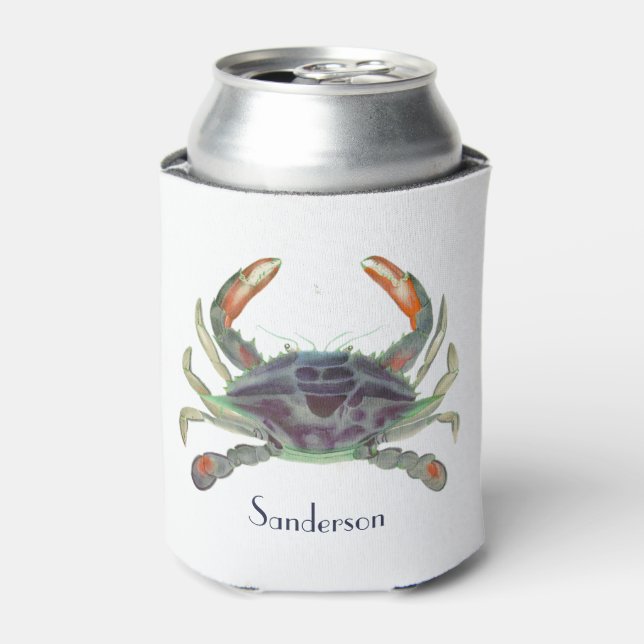Crab Nautical Gray Blue and Green Can Cooler (Can Front)
