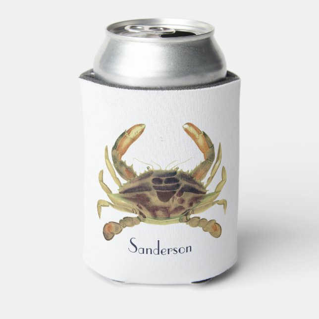Crab Nautical Gray Blue and Green Can Cooler (Can Back)