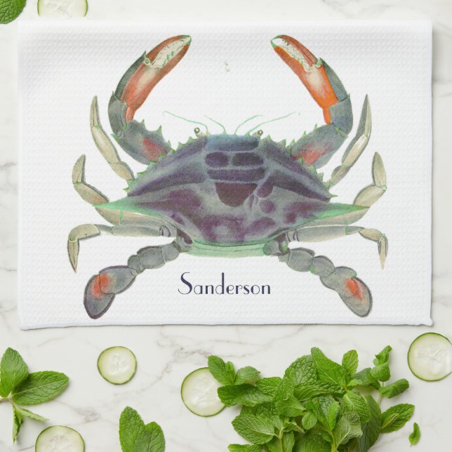 Crab Nautical Gray Blue and Green Kitchen Towel (Folded)