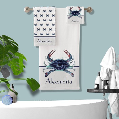 Crab Nautical Navy Blue and Gray Bath Towel Set