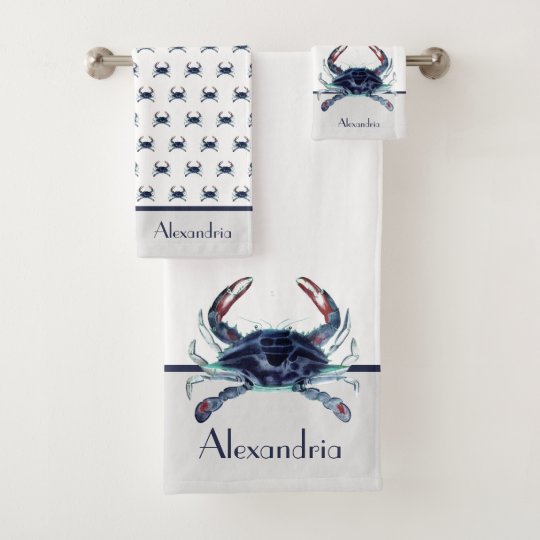 Crab Nautical Navy Blue and Gray Bath Towel Set