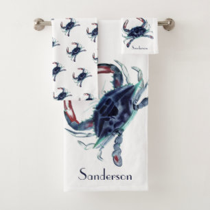 Crab Nautical Navy Blue and Gray Green Bath Towel Set