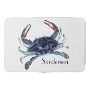 Crab Nautical Navy Blue and White Bath Mat