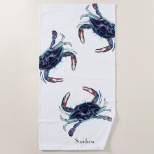 Crab Nautical Navy Blue and White Beach Towel