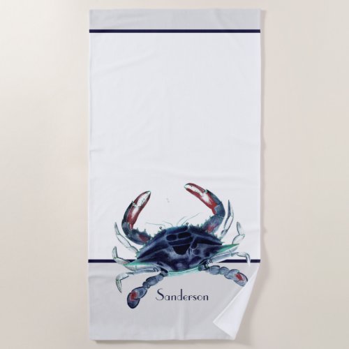 Crab Nautical Navy Blue and White  Beach Towel