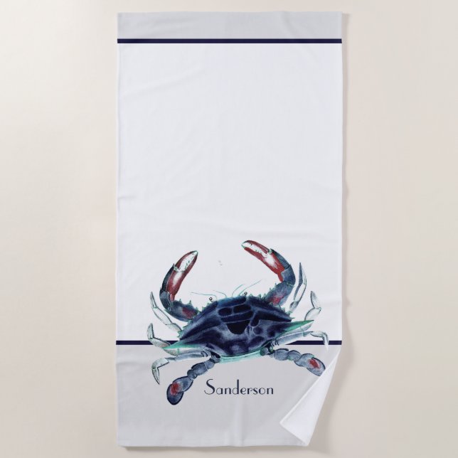 Crab Nautical Navy Blue and White  Beach Towel (Front)