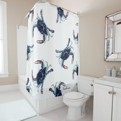 Crab Nautical Navy Blue and White  Shower Curtain
