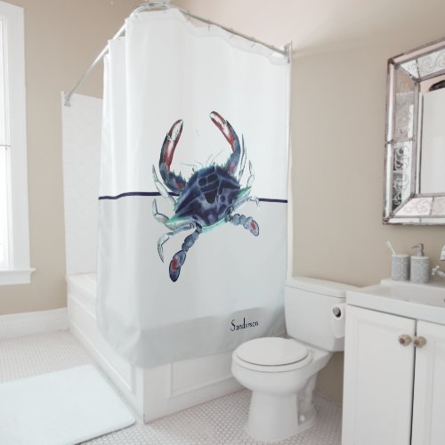 Crab Nautical Navy Blue and White   Shower Curtain