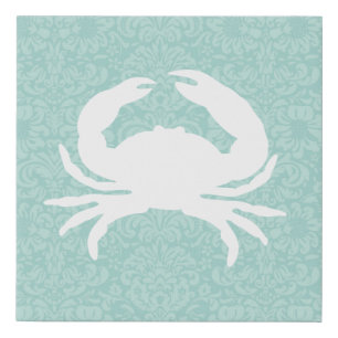 Crab on Seafoam Green Floral Background Faux Canvas Print