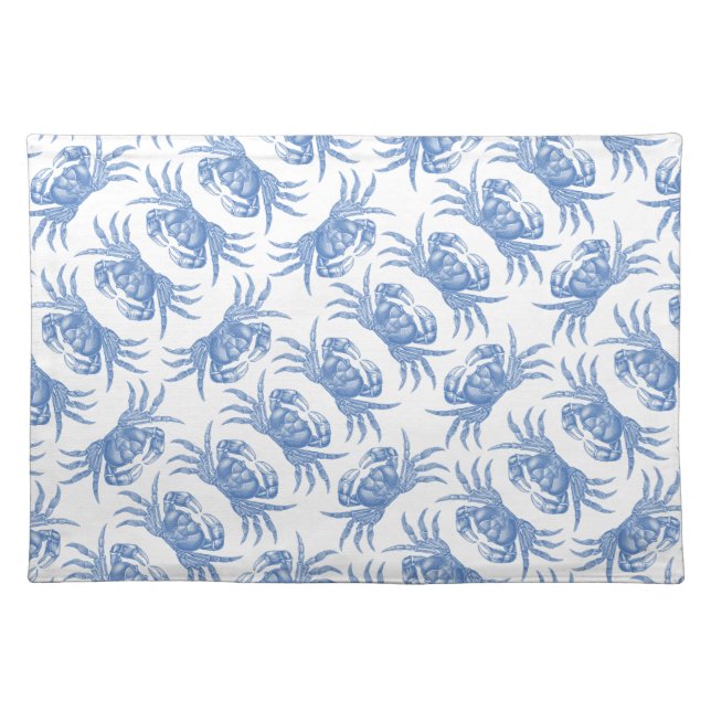 Crab Pattern Woodblock Print Nautical Blue Placemat (Front)