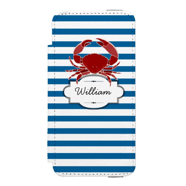Crab Personalized Blue and White Horizontal Stripe Incipio iPhone Wallet Case (Folio Front)