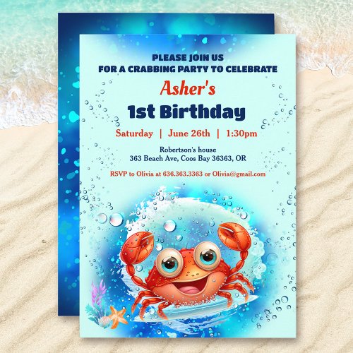 Crab Pool 1st Birthday Party Blue Boy Custom Age  Invitation