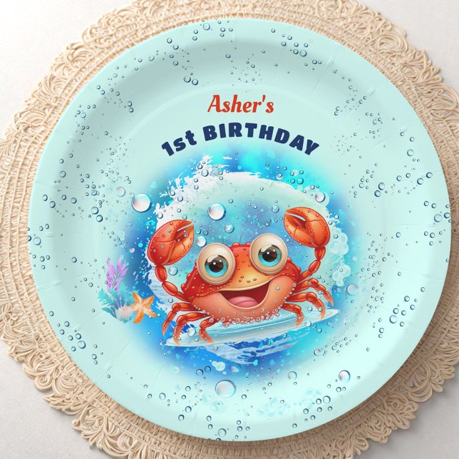 Crab Pool Blue 1st Birthday Party Boy Custom Age Paper Plates (Crab Pool Blue 1st Birthday Party Boy Custom Age Paper Plates)