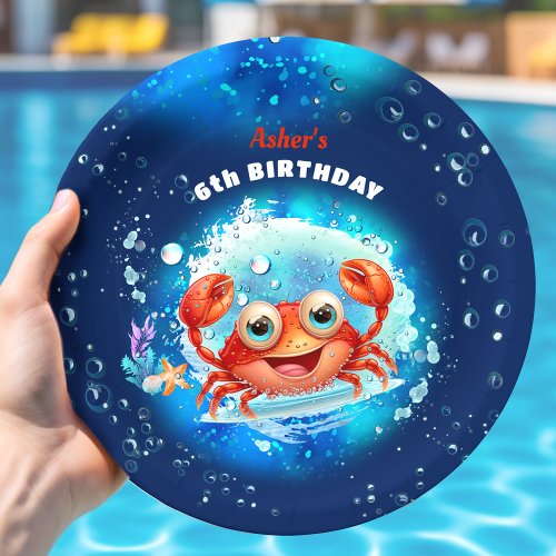 Crab Pool Navy Blue Birthday Party Boy Custom Age Paper Plates