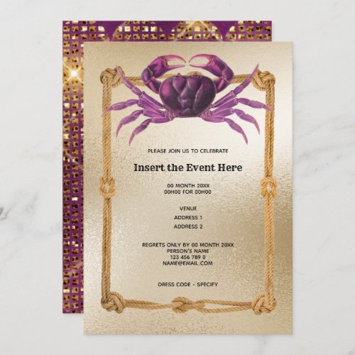 Crab rope frame magenta pink gold glitter nautical invitation